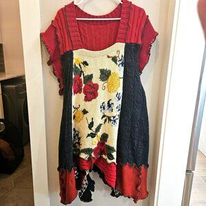 Vintage upcycled Floral Patchwork Tunic Sweater Dress Ruffles Asymmetrical 2xl